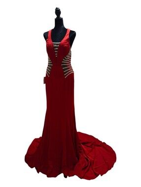 Colors Dress 1312 Red Faille Crystal Beading Mermaid Silhouette Gown Size 8